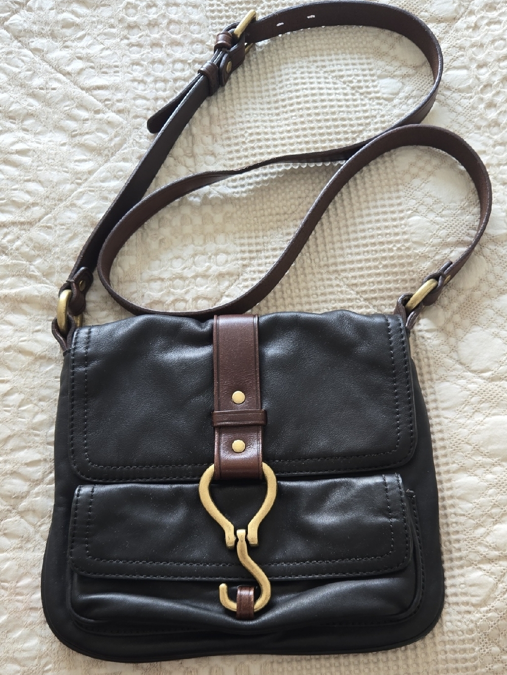 Cole Haan Black and Brown Leather Crossbody Bag with Gold Hardware